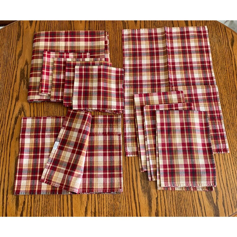 Park Designs Red Plaid Tablecloth Napkins Dish Towels Valance 100% Cotton 10 Pc.
